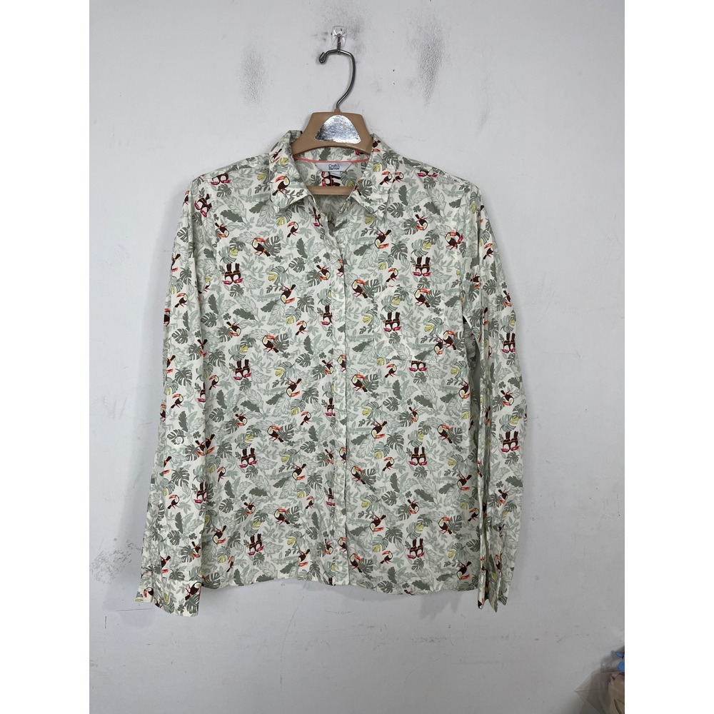 Croft & Barrow Women XL Toucan Tropical Palm Print Button Down Shirt White Green